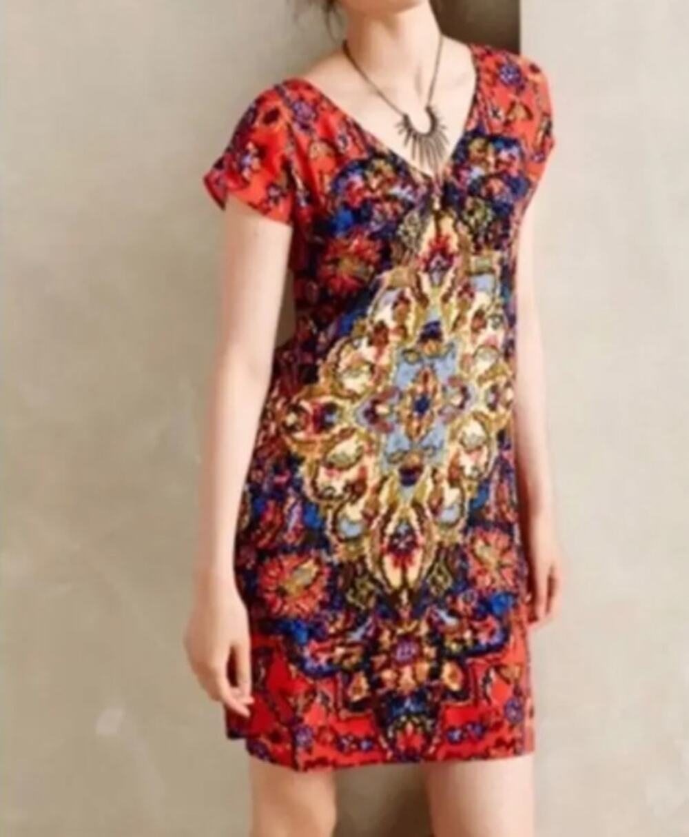 Maeve Anthropologie Dress XS Red Tunic Abstract Print V Neck Mini